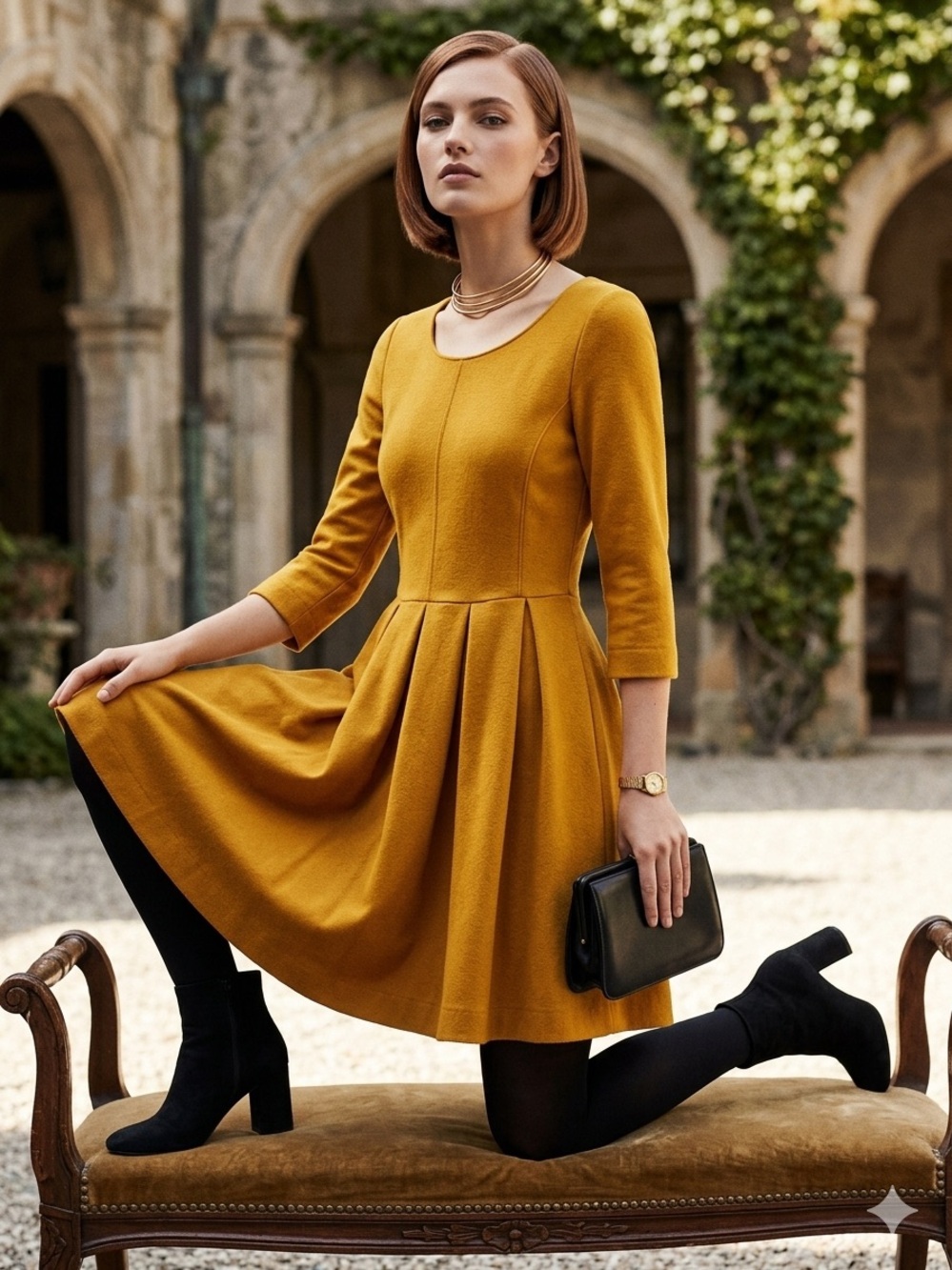 Archival 2010 H&M Hennes Everyday Mustard Yellow Pleated Skater Dress - XS EUC